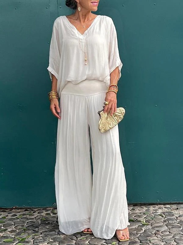 Elegante conjunto de duas peças com calça pantalona em chiffon