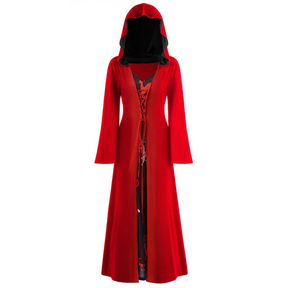 Vestido Medieval Oficial Vampira Bruxa Feminino Manto com Capuz e Amarração