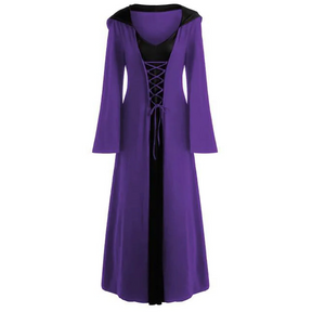 Vestido Medieval Oficial Vampira Bruxa Feminino Manto com Capuz e Amarração