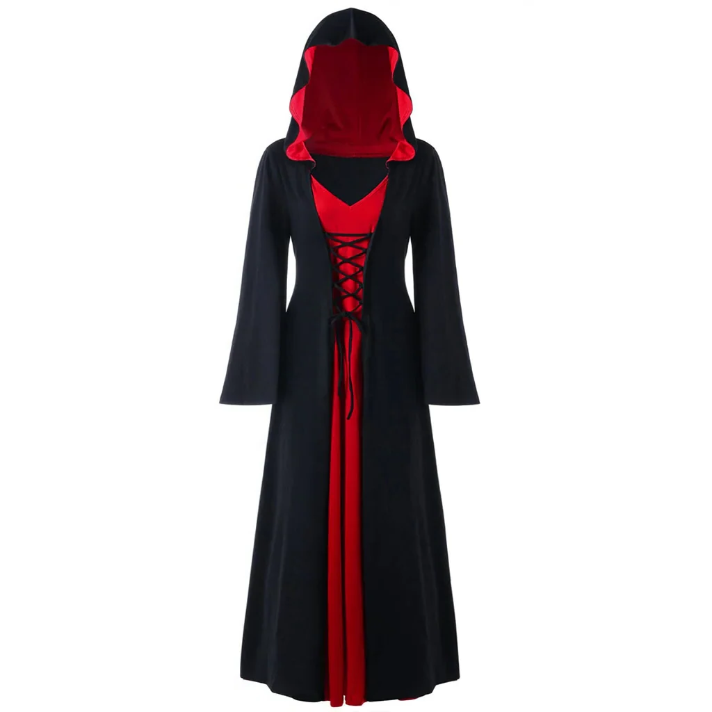 Vestido Medieval Oficial Vampira Bruxa Feminino Manto com Capuz e Amarração