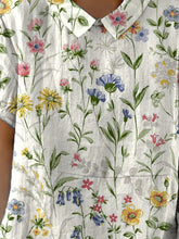 Camisa Feminina Casual de Algodão e Linho com Estampa Floral Retrô
