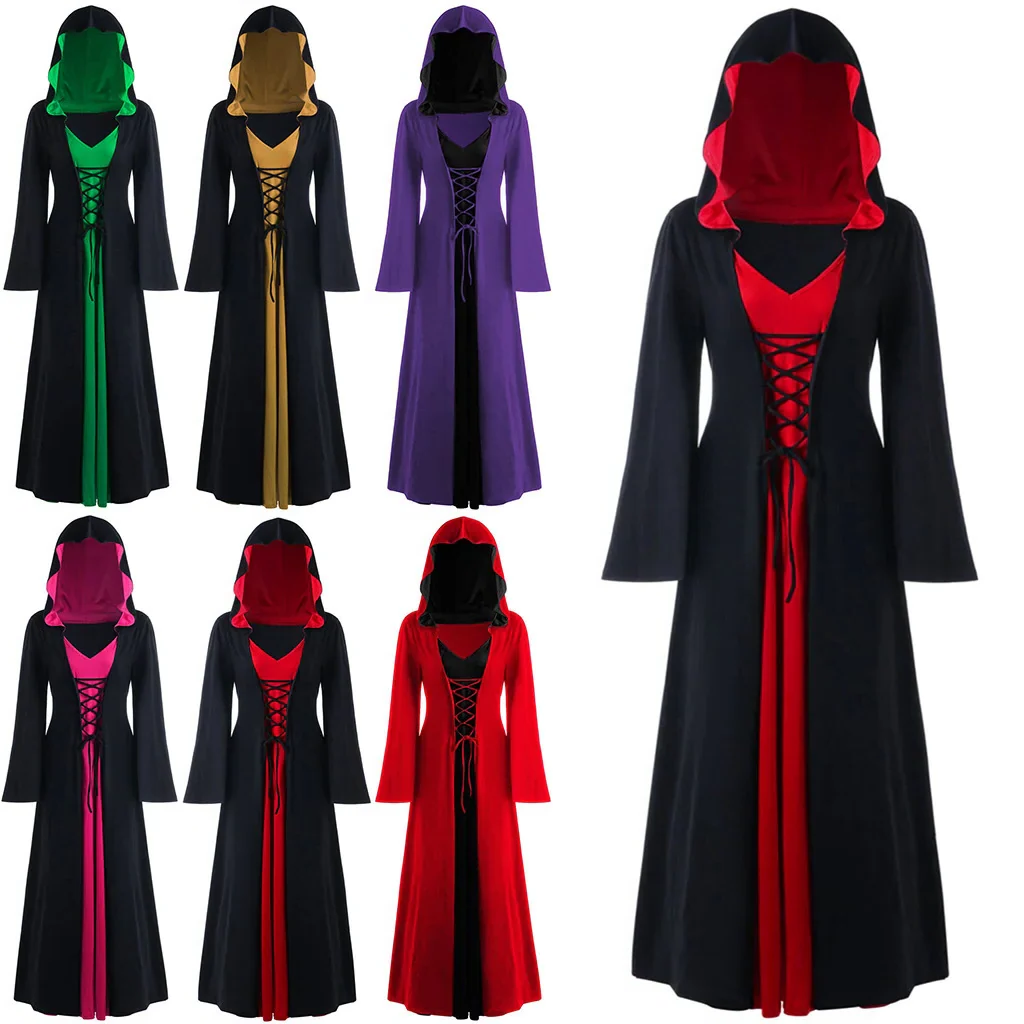Vestido Medieval Oficial Vampira Bruxa Feminino Manto com Capuz e Amarração