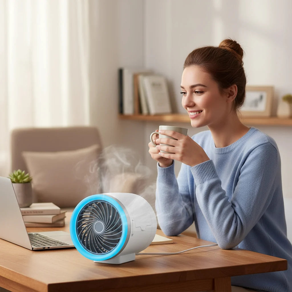 Ventilador Portátil com Luzes LED e Bolsas de Gelo para Resfriar o Ambiente