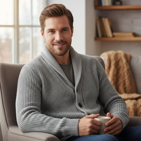 Cardigã Masculino de Tricô com Gola Xale | Sobreposição