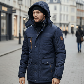 Jaqueta Masculina de Inverno com Capuz e Isolamento Térmico para Atividades ao Ar Livre