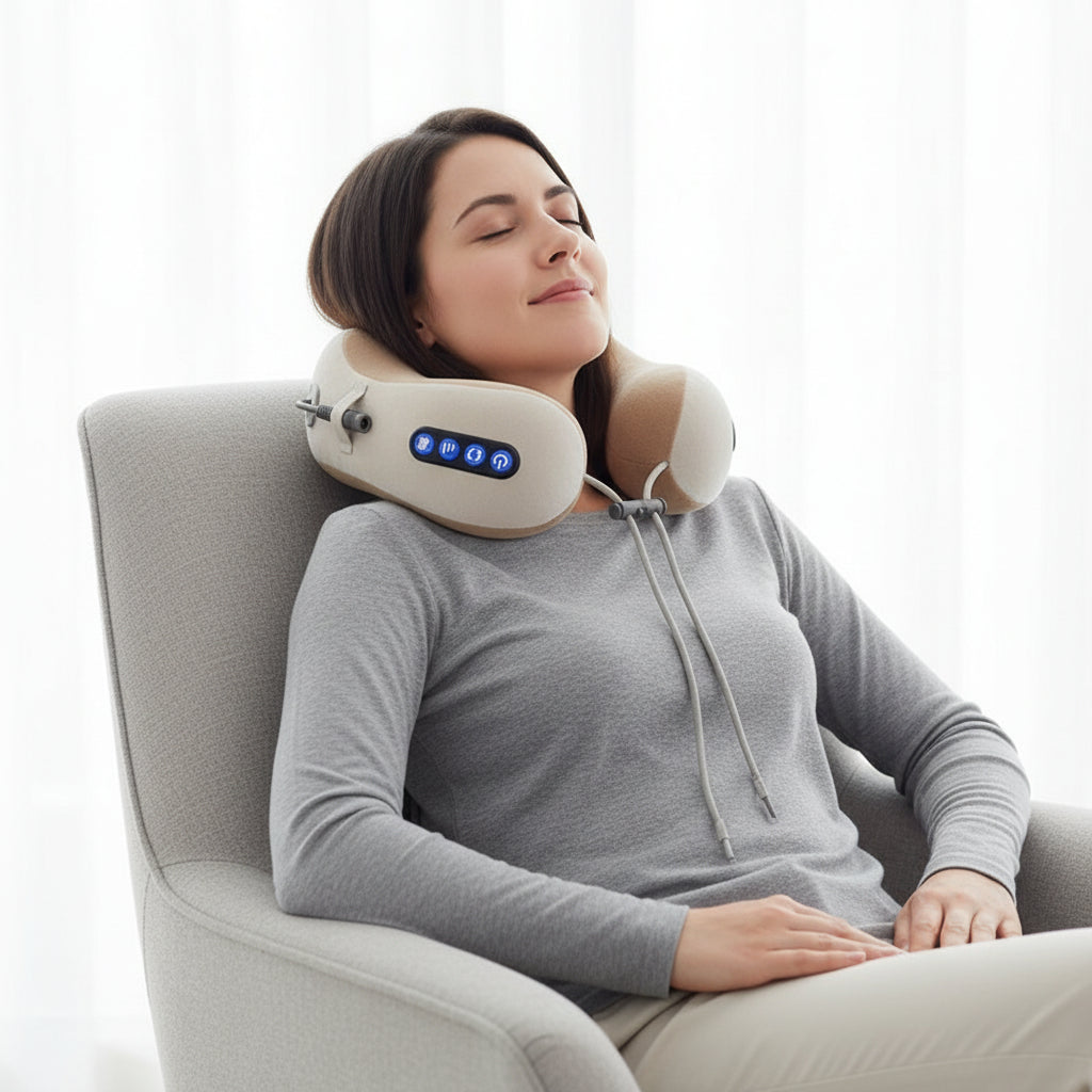 Almofada de Massagem para Pescoço Recarregável com Aquecimento e Tração em Formato de U