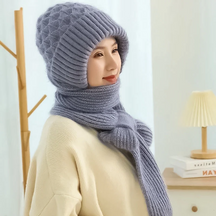 Gorro com Cachecol Integrado e Proteção Auricular Feminino de Inverno à Prova de Vento