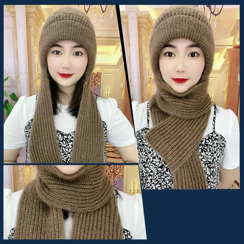 Gorro com Cachecol Integrado e Proteção Auricular Feminino de Inverno à Prova de Vento