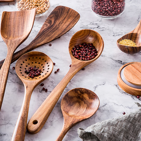 Utensílios de Cozinha de Madeira Teca Natural Premium – Ecológicos, Colheres de Cozinhar Não Tóxicas, Utensílios para o Uso Diário em Casa