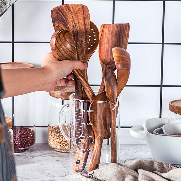Utensílios de Cozinha de Madeira Teca Natural Premium – Ecológicos, Colheres de Cozinhar Não Tóxicas, Utensílios para o Uso Diário em Casa