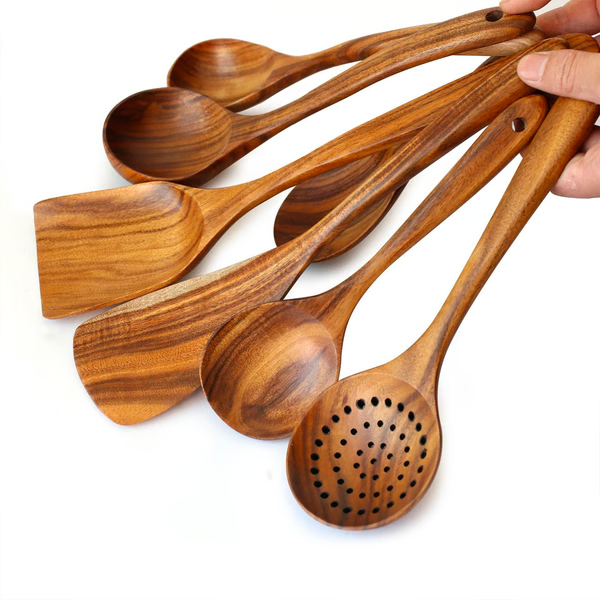 Utensílios de Cozinha de Madeira Teca Natural Premium – Ecológicos, Colheres de Cozinhar Não Tóxicas, Utensílios para o Uso Diário em Casa