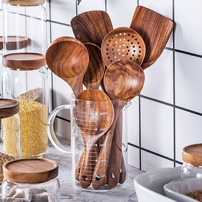 Utensílios de Cozinha de Madeira Teca Natural Premium – Ecológicos, Colheres de Cozinhar Não Tóxicas, Utensílios para o Uso Diário em Casa