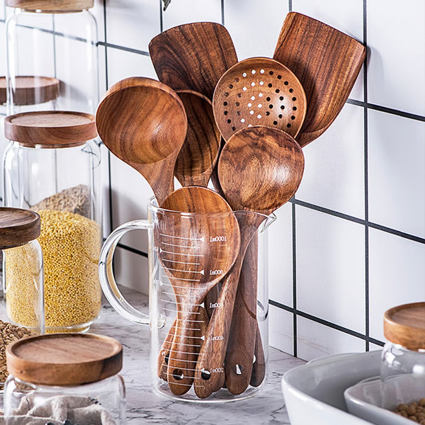 Utensílios de Cozinha de Madeira Teca Natural Premium – Ecológicos, Colheres de Cozinhar Não Tóxicas, Utensílios para o Uso Diário em Casa
