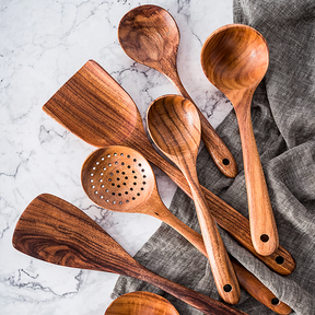 Utensílios de Cozinha de Madeira Teca Natural Premium – Ecológicos, Colheres de Cozinhar Não Tóxicas, Utensílios para o Uso Diário em Casa