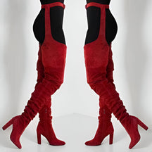 Women Faux Suede Thigh High Waist Belt Chunky High Heel Slouch Boots | Over The Knee Waist Belted Boots