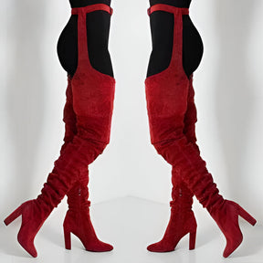 Women Faux Suede Thigh High Waist Belt Chunky High Heel Slouch Boots | Over The Knee Waist Belted Boots