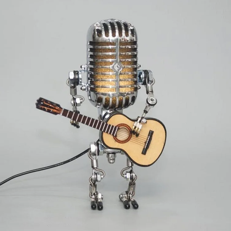 Robô Microfone de Metal Vintage com Luminária de Guitarra