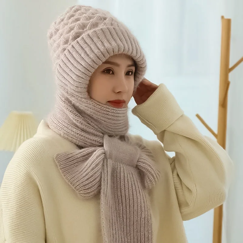 Gorro com Cachecol Integrado e Proteção Auricular Feminino de Inverno à Prova de Vento