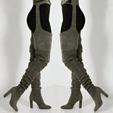 Women Faux Suede Thigh High Waist Belt Chunky High Heel Slouch Boots | Over The Knee Waist Belted Boots