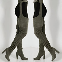 Women Faux Suede Thigh High Waist Belt Chunky High Heel Slouch Boots | Over The Knee Waist Belted Boots