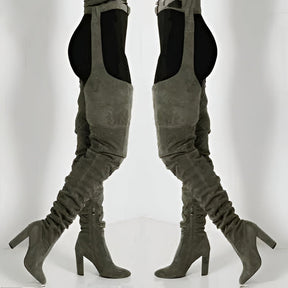 Women Faux Suede Thigh High Waist Belt Chunky High Heel Slouch Boots | Over The Knee Waist Belted Boots