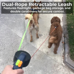 Guia Retrátil Dupla para Cães com Lanterna e Porta-Sacos de Lixo