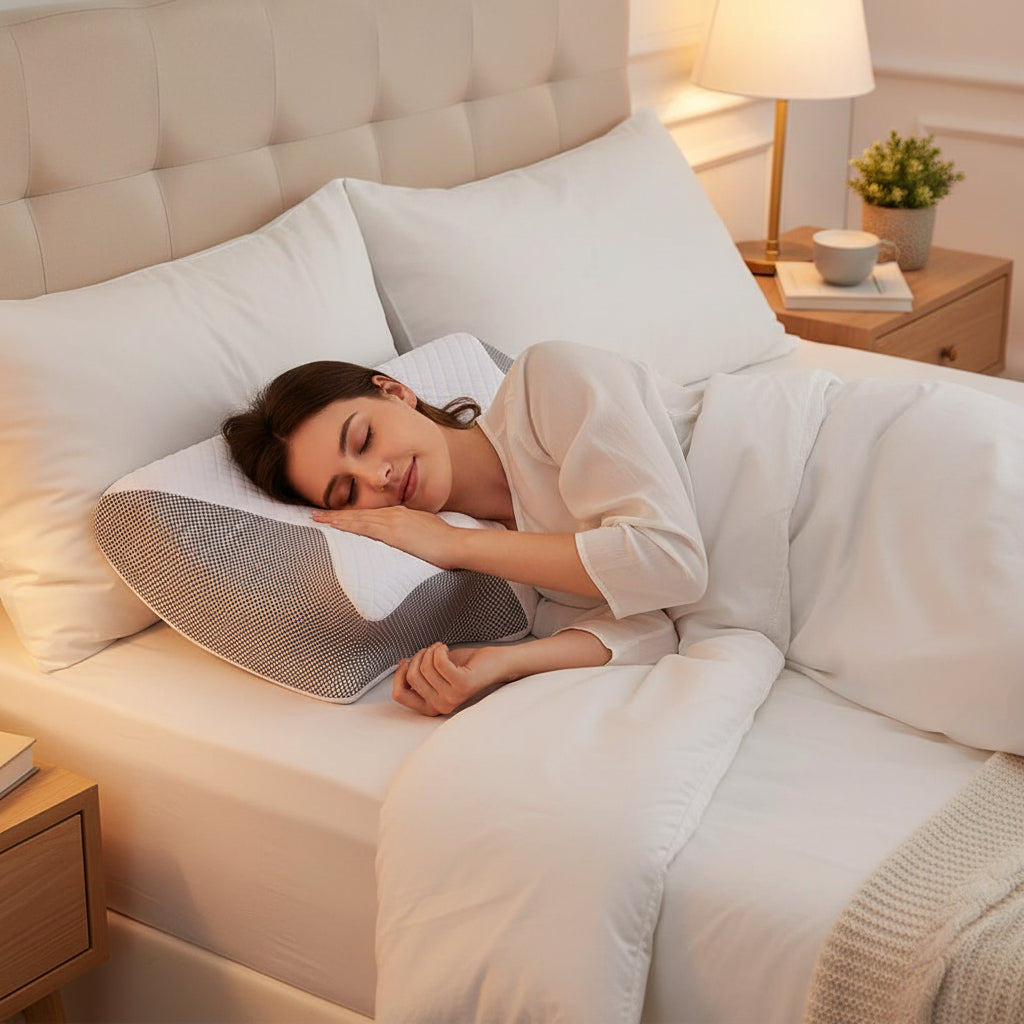 Travesseiro para quem dorme de lado, espuma viscoelástica, design ergonômico