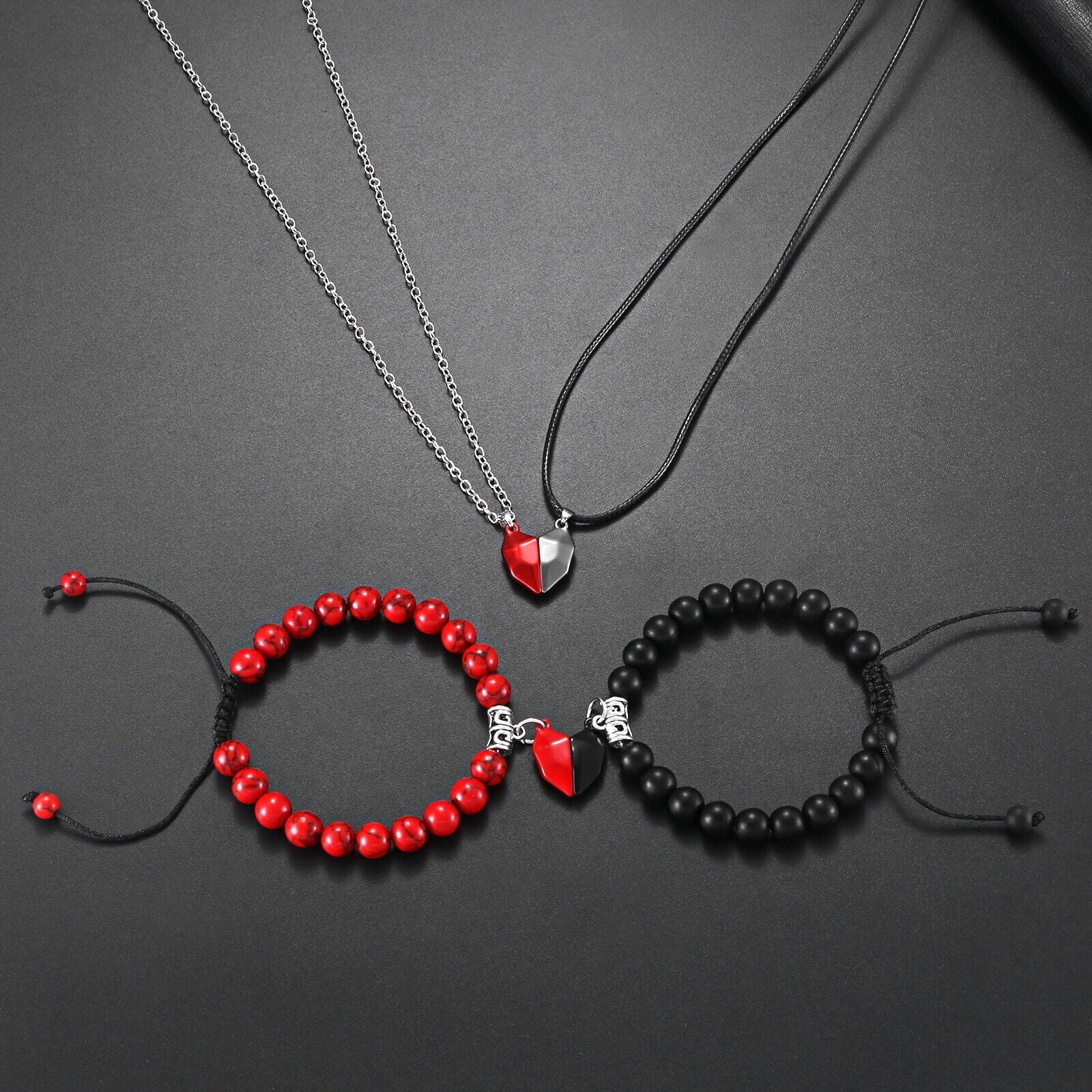 Conjunto de Presente de Colar e Pulseira de Coração Magnético para Casais Dia dos Namorados