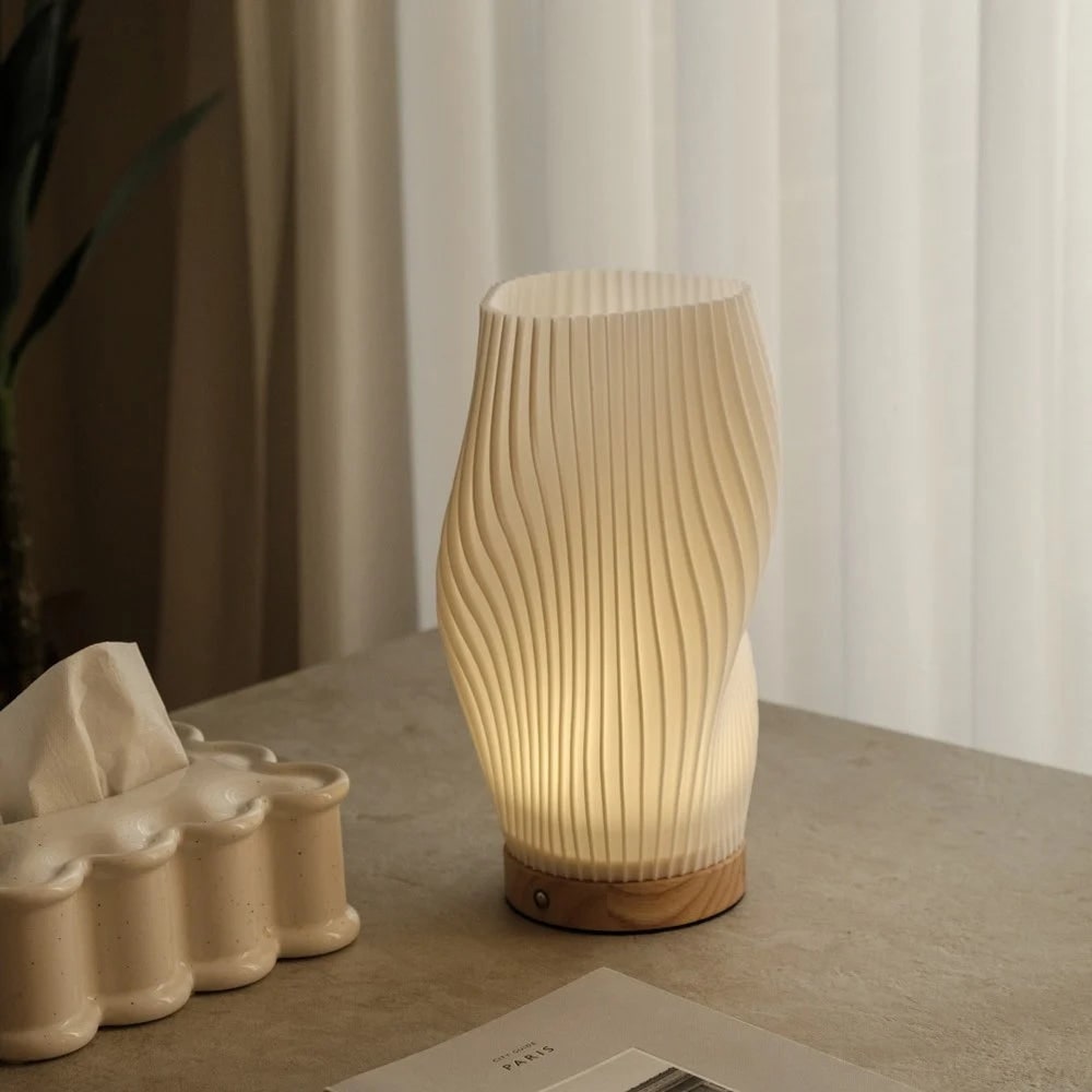 Luminária de Mesa Moderna Wave USB Dimmable Base de Madeira LED