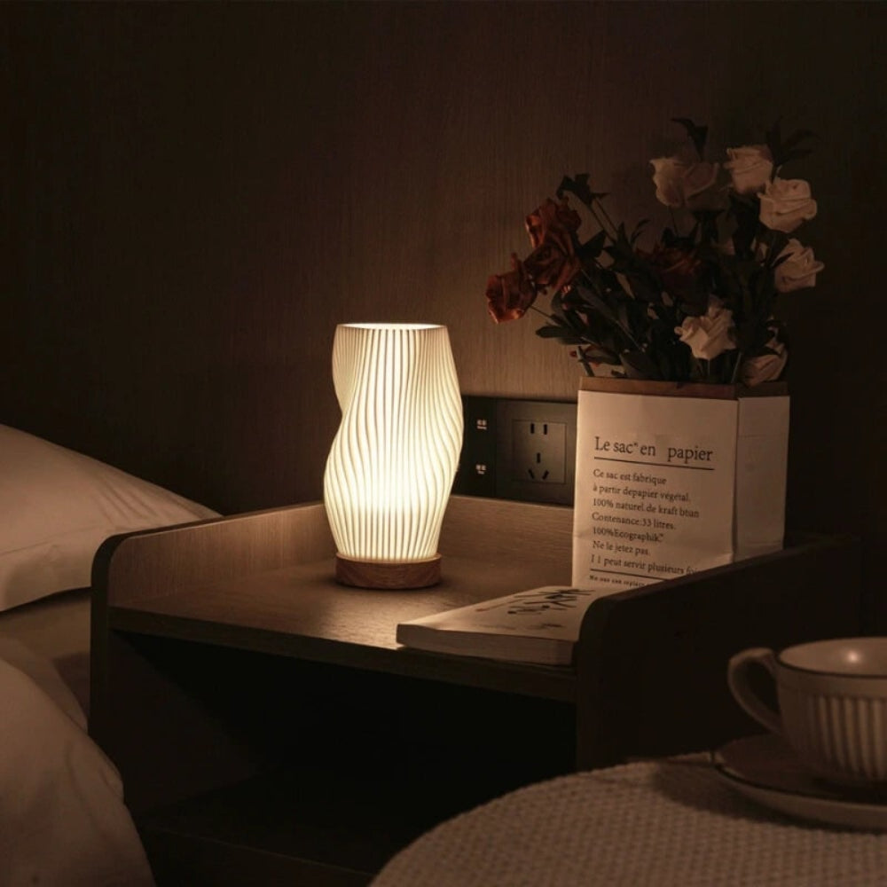 Luminária de Mesa Moderna Wave USB Dimmable Base de Madeira LED