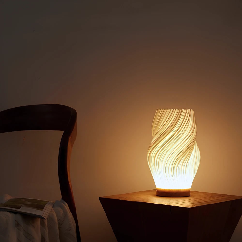 Luminária de Mesa Moderna Wave USB Dimmable Base de Madeira LED