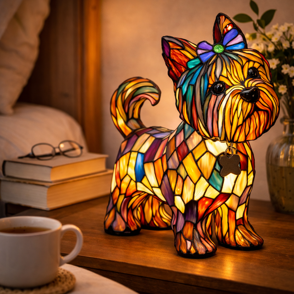 Colorful Dog Table Lamp Stained Glass LED Night Light Bedroom