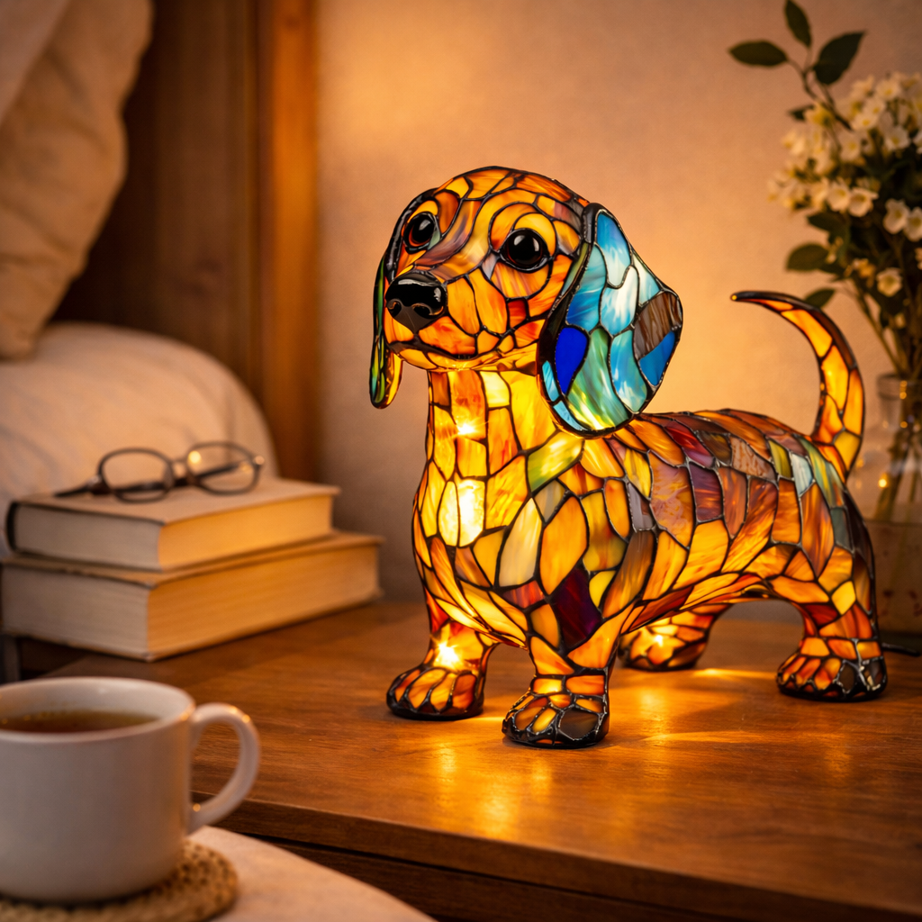 Colorful Dog Table Lamp Stained Glass LED Night Light Bedroom