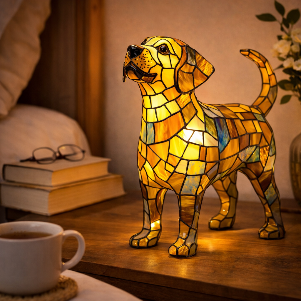 Colorful Dog Table Lamp Stained Glass LED Night Light Bedroom
