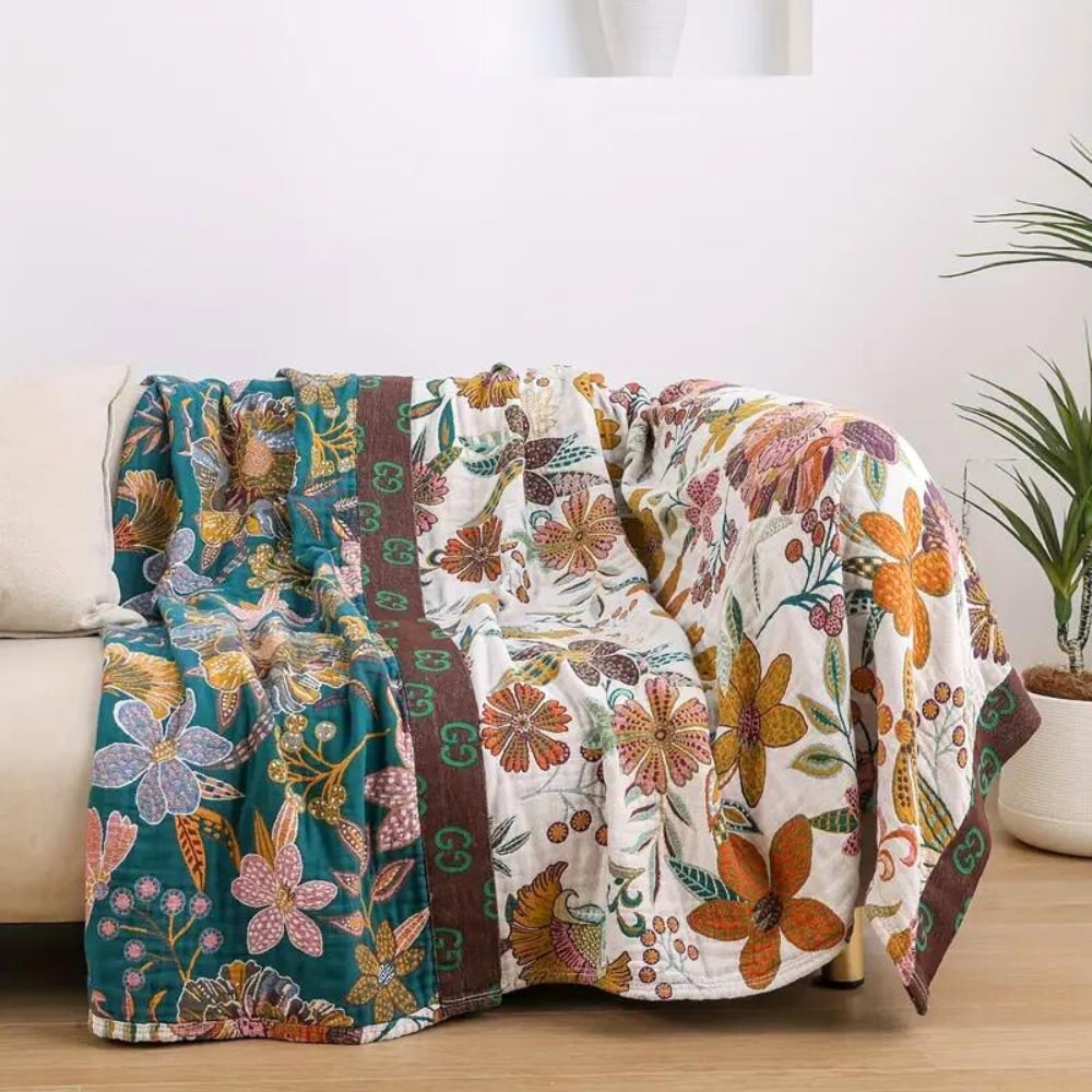 Manta Reversível de Algodão com Estampa Floral