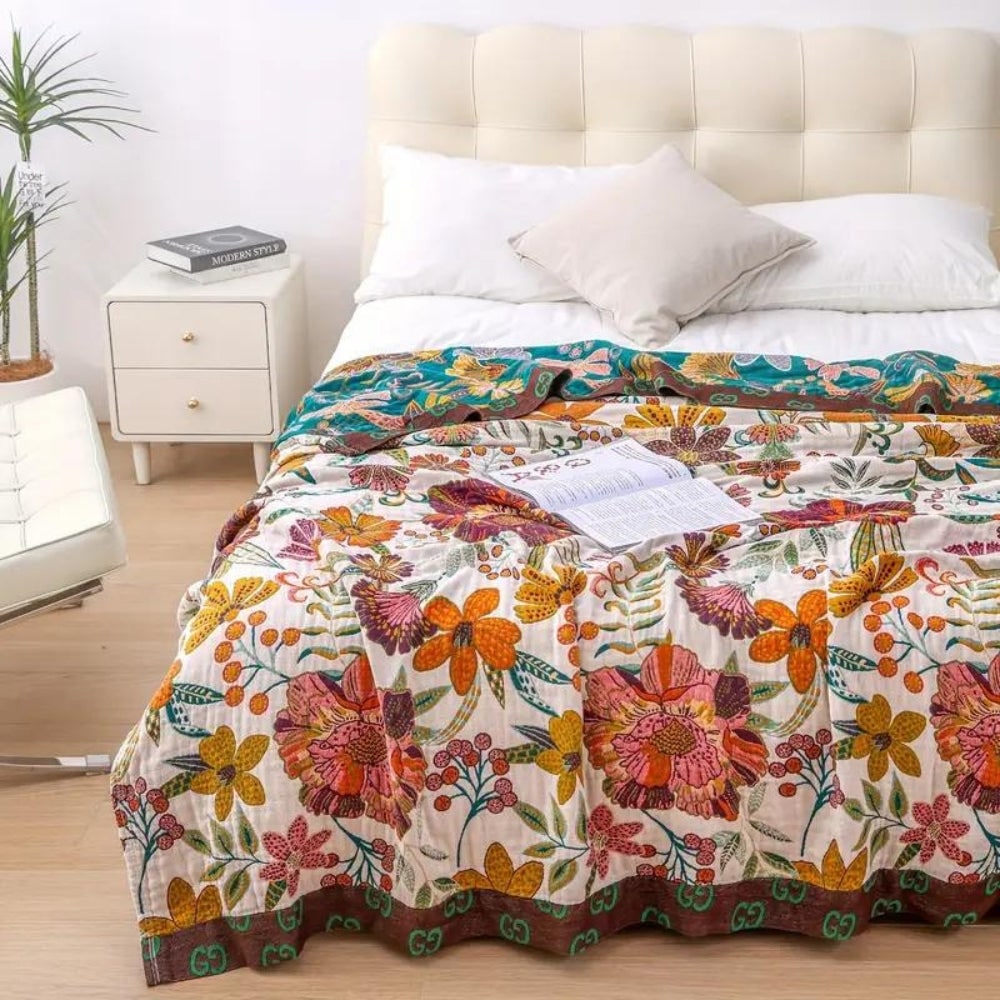Manta Reversível de Algodão com Estampa Floral