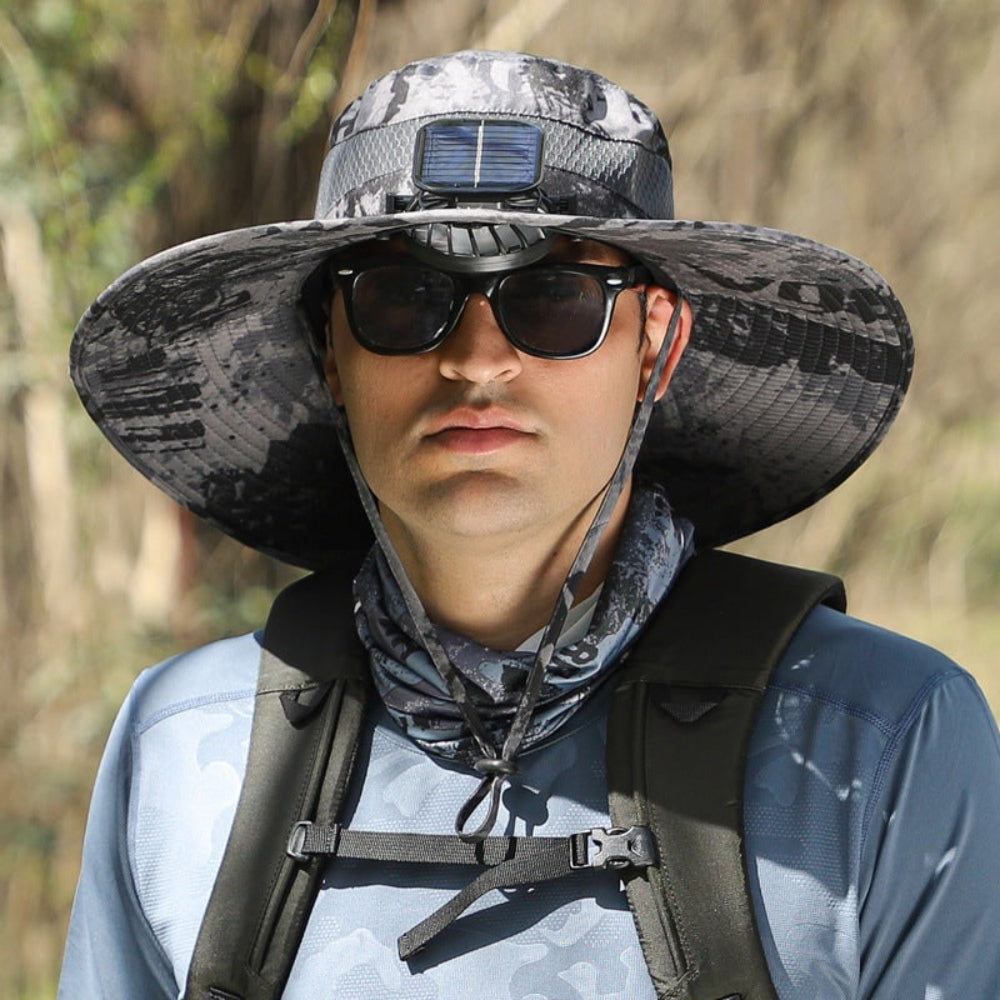 Chapéu de Proteção UV com Ventilador Solar e Aba Larga para Pesca