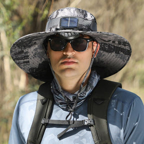 Chapéu de Proteção UV com Ventilador Solar e Aba Larga para Pesca