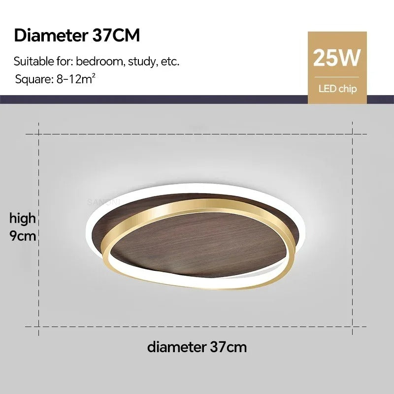 Luminária de Teto LED Moderna | Design Redondo em Nogueira e Dourado