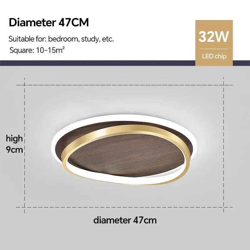 Luminária de Teto LED Moderna | Design Redondo em Nogueira e Dourado