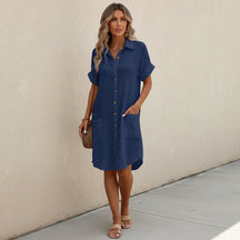Women's Midi Shirt Dress Casual Short Sleeve | Dress